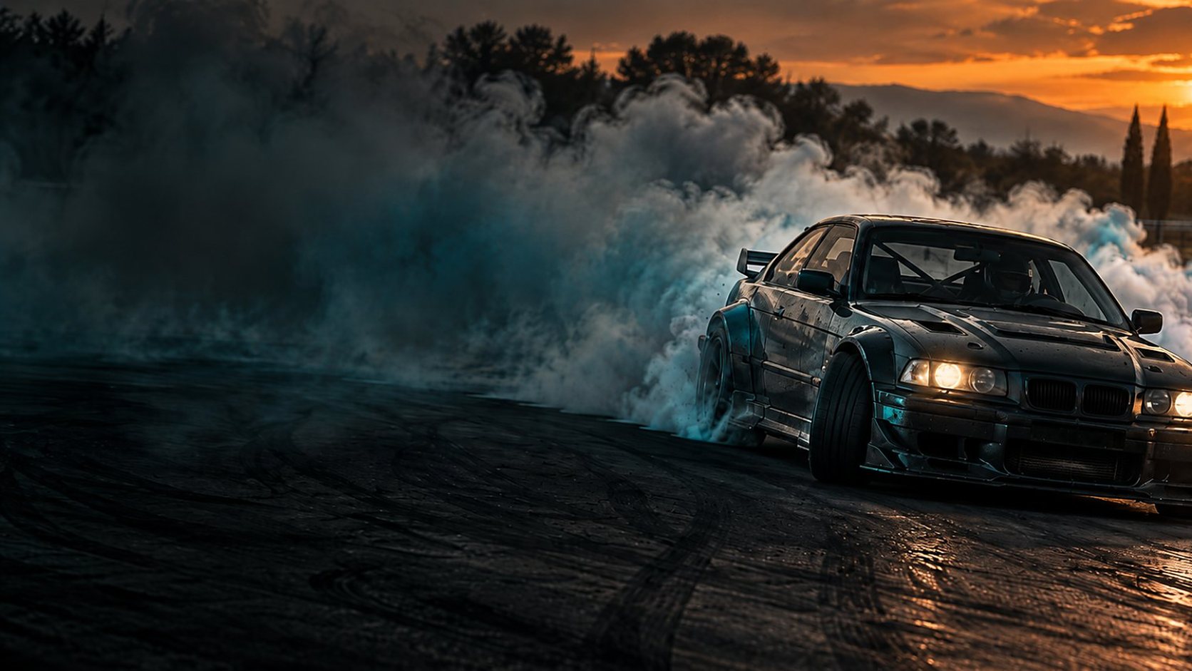 Voiture de drift en pleine glisse dans la fumée des pneus