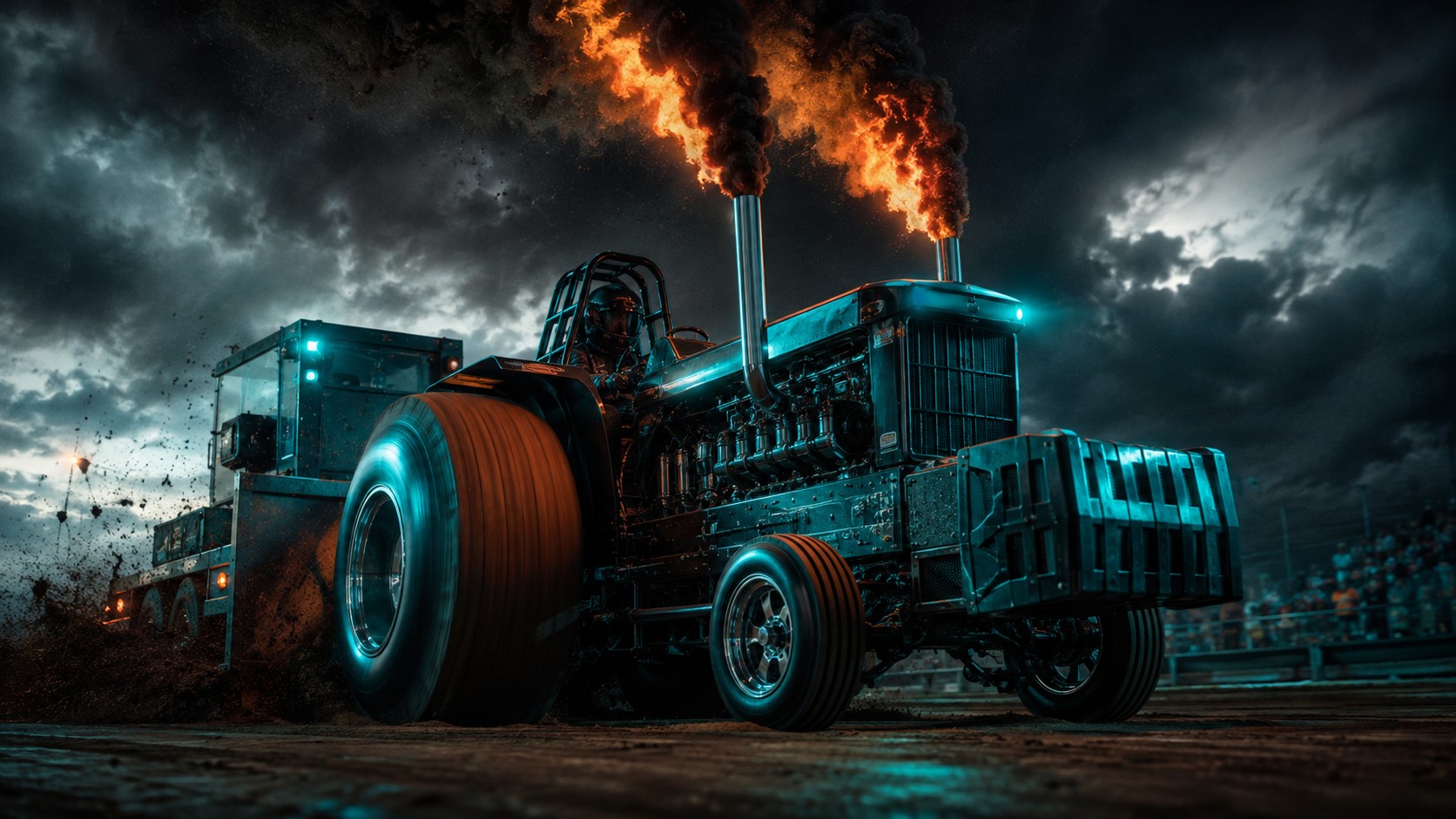 Tracteur de pulling turbocompress&eacute; tractant une remorque